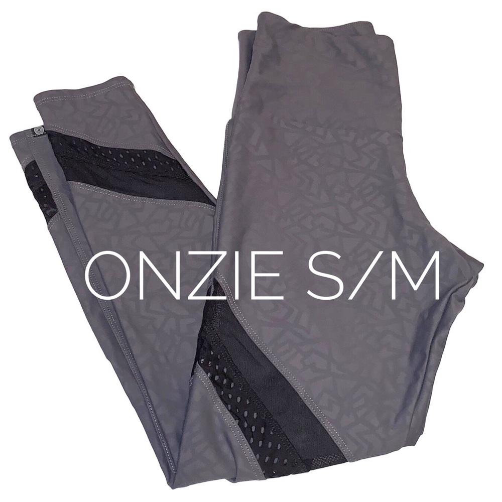 Onsie Leggings Gray 7/8 Geometric Pattern Mesh Detail S/M EUC